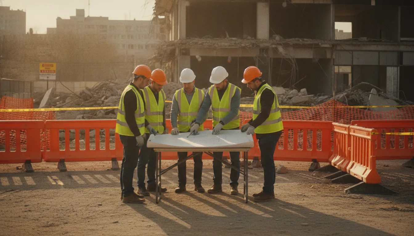 Secured work zone with barricades protecting workers on a commercial demolition site