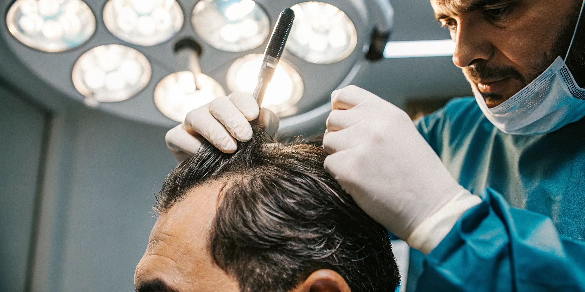 Doctor examining a patient's scalp and marking the donor area for a robotic hair transplant procedure