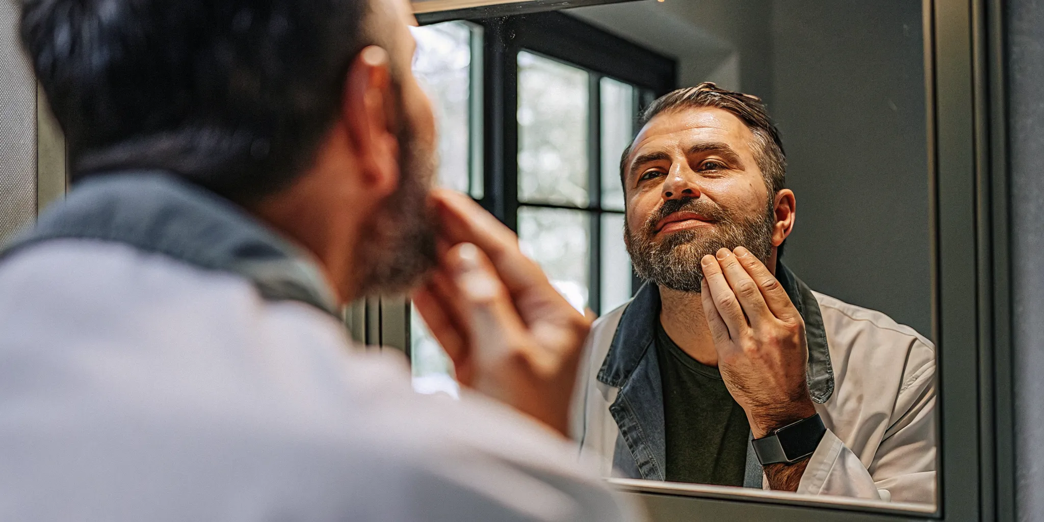 Patient examining beard transplant growth during recovery