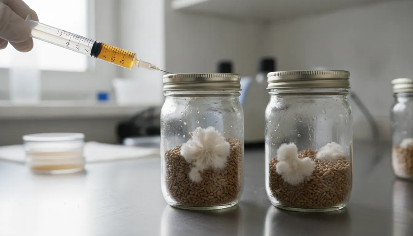 A sterile syringe filled with liquid culture resting next to Mason jars with healthy white mycelium growth on grain.