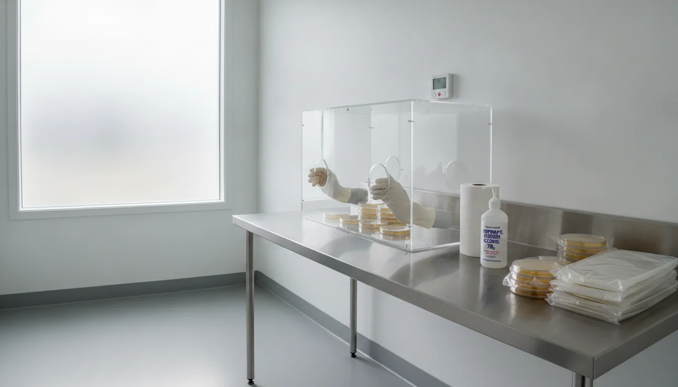 A clean, sterile still air box set up with isopropyl alcohol and sterile petri dishes in a home laboratory.