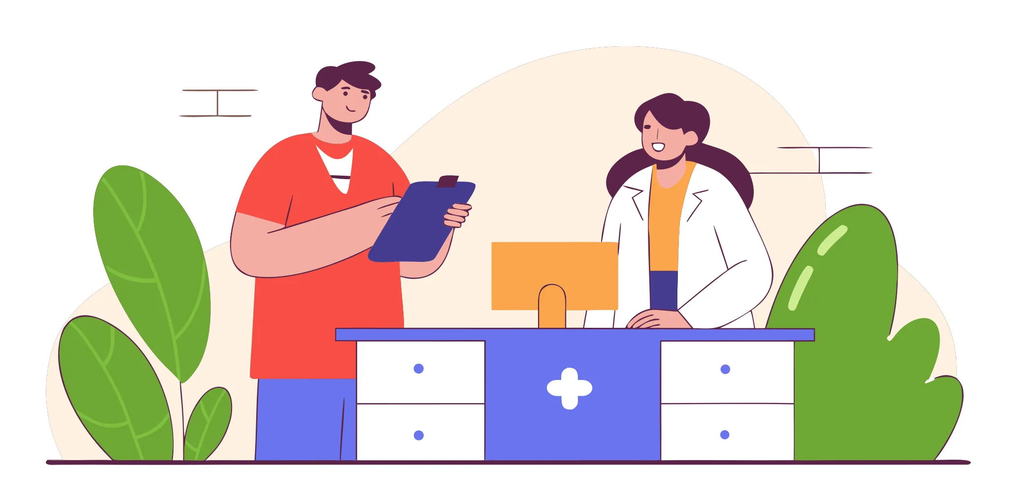 Medical billing specialist helping a patient review a statement at a practice front desk