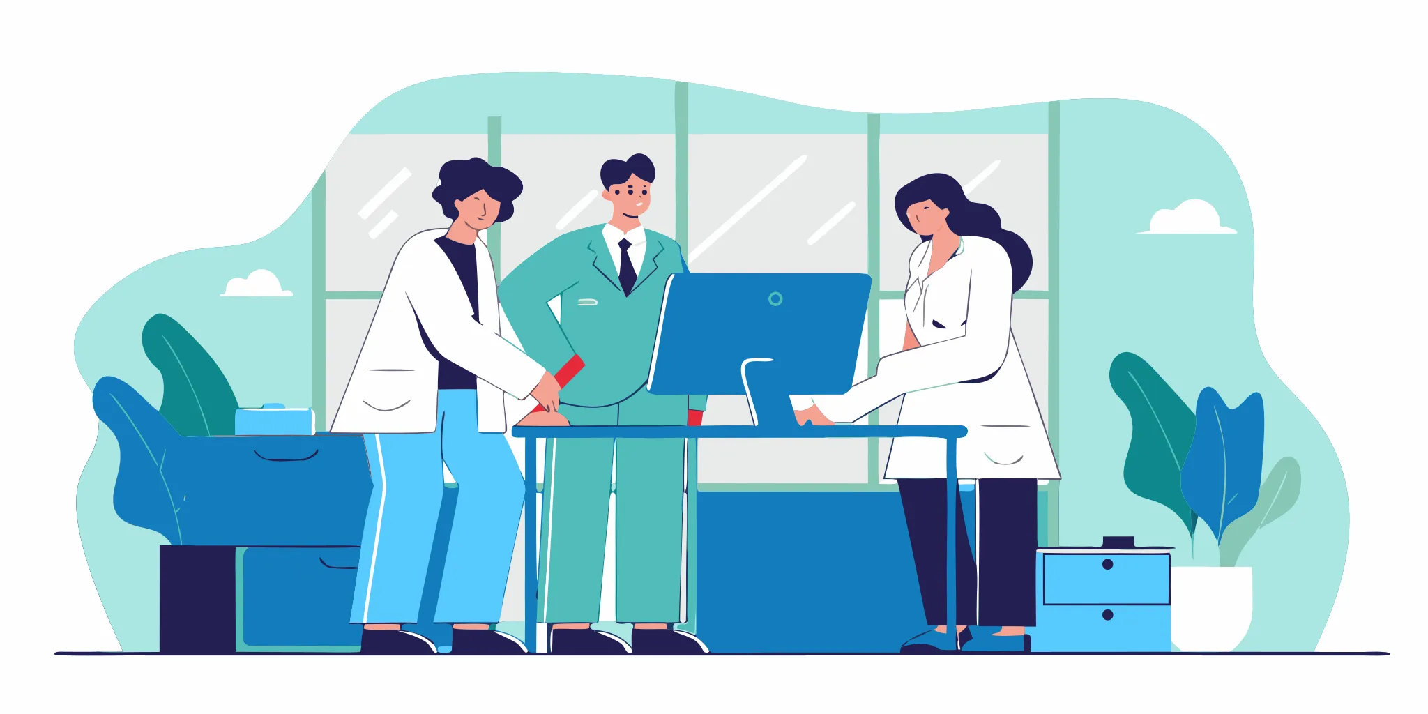 Billing specialists reviewing coded urgent care claims together at a clinic workstation
