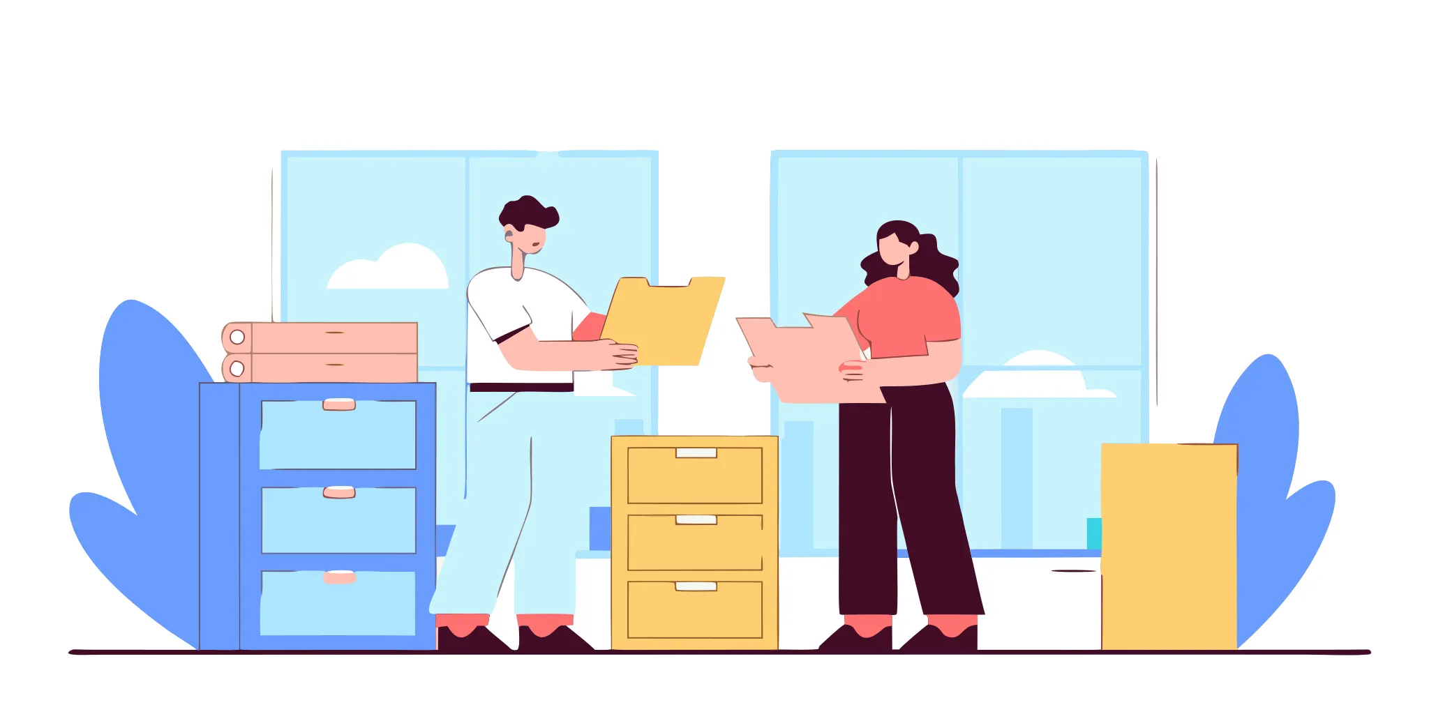 Healthcare administrators planning claim follow-up and collections in a tidy clinic office