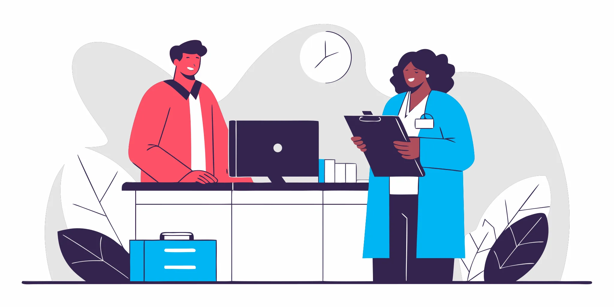 Urgent care clinician and billing specialist reviewing a patient record at a clinic reception desk