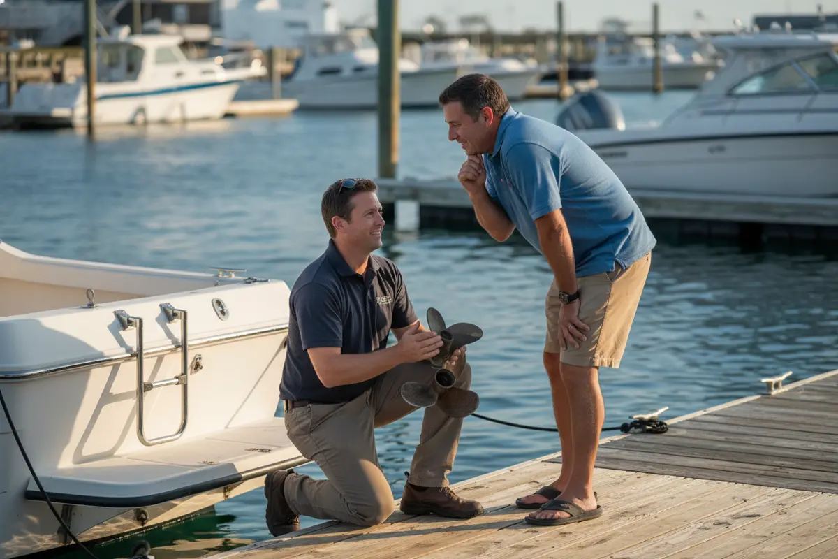 A boater and marine technician discussing propeller fit beside an outboard boat
