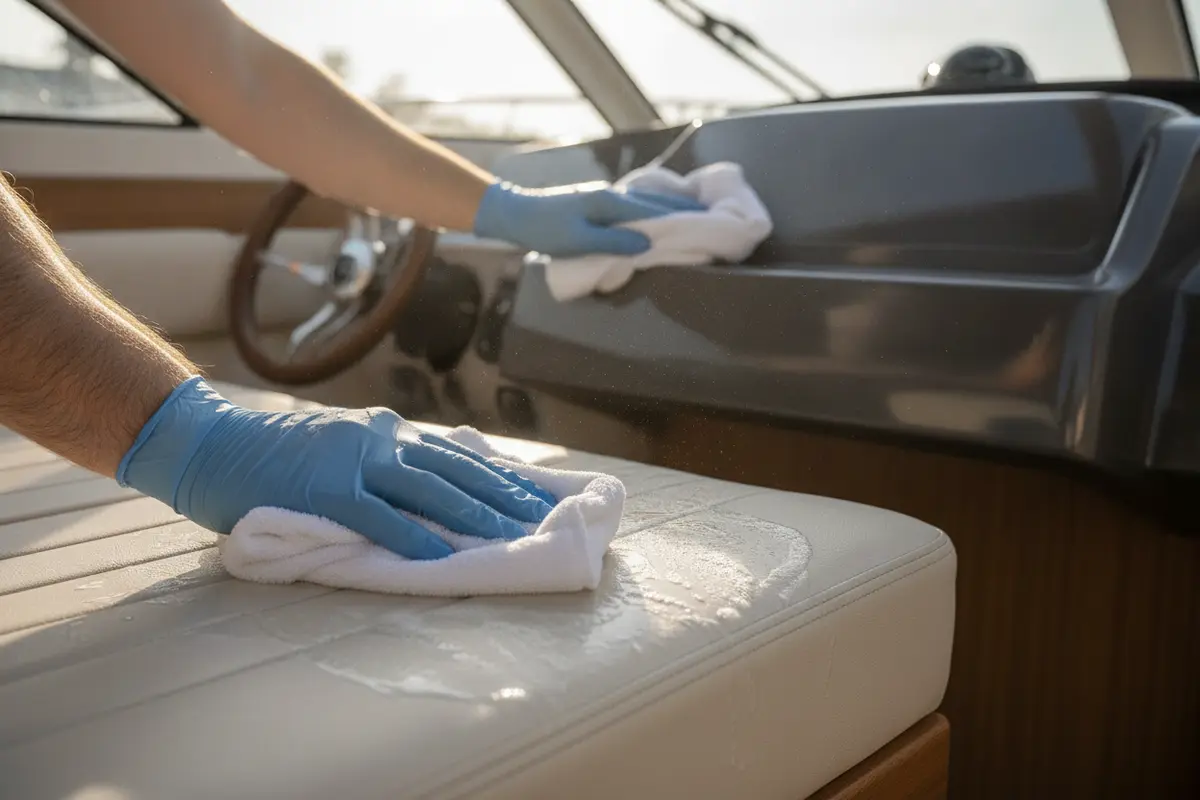 A boater gently cleans vinyl seats and the console with a soft cloth
