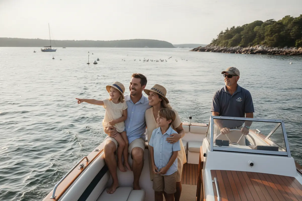 A captain-guided boating outing on the sunny waters of the Massachusetts North Shore