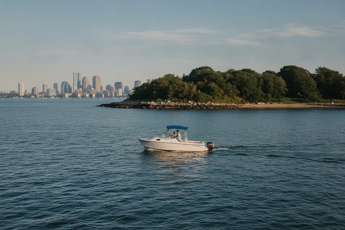 A recreational boat approaches a green island in Boston Harbor