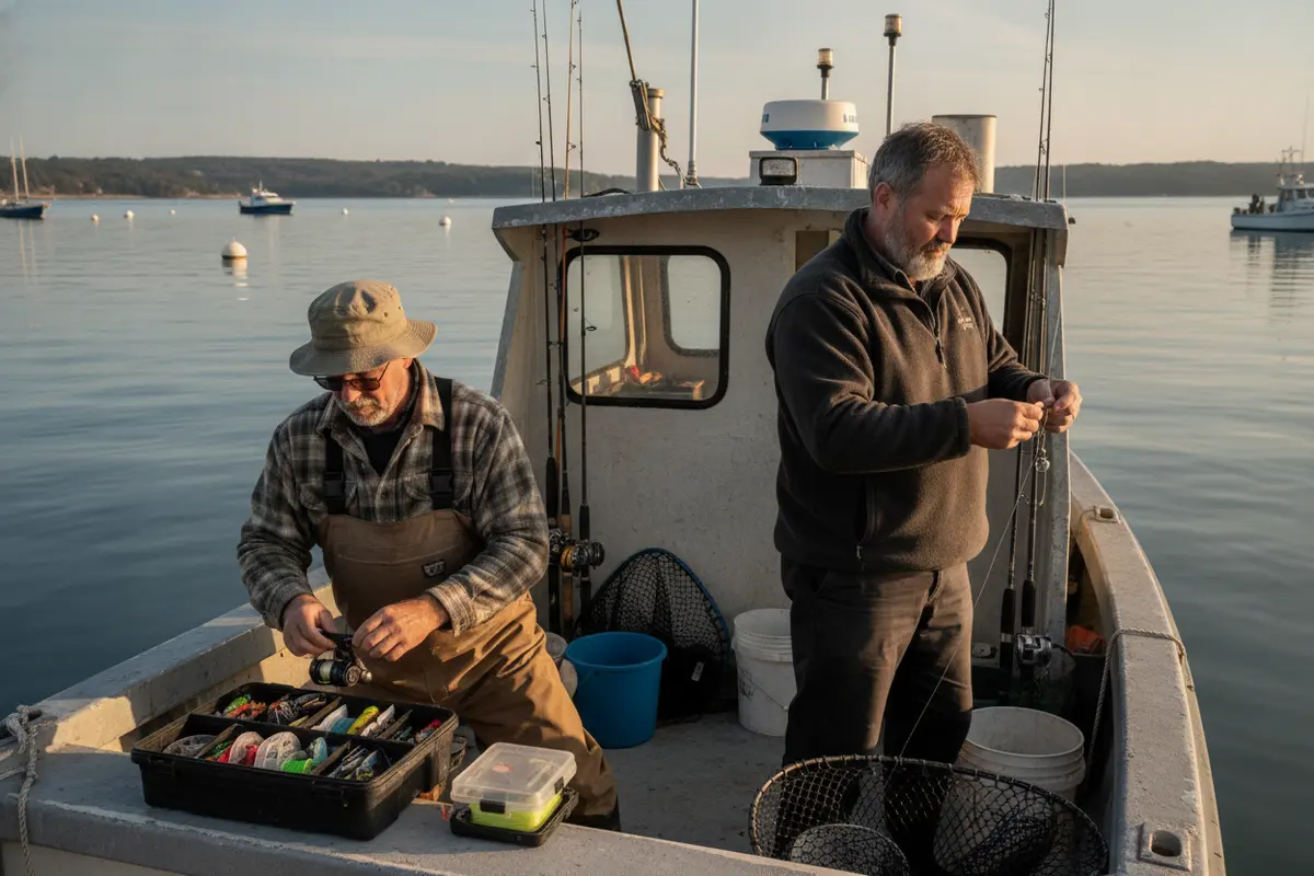 Anglers preparing tackle aboard a boat in a Massachusetts harbor