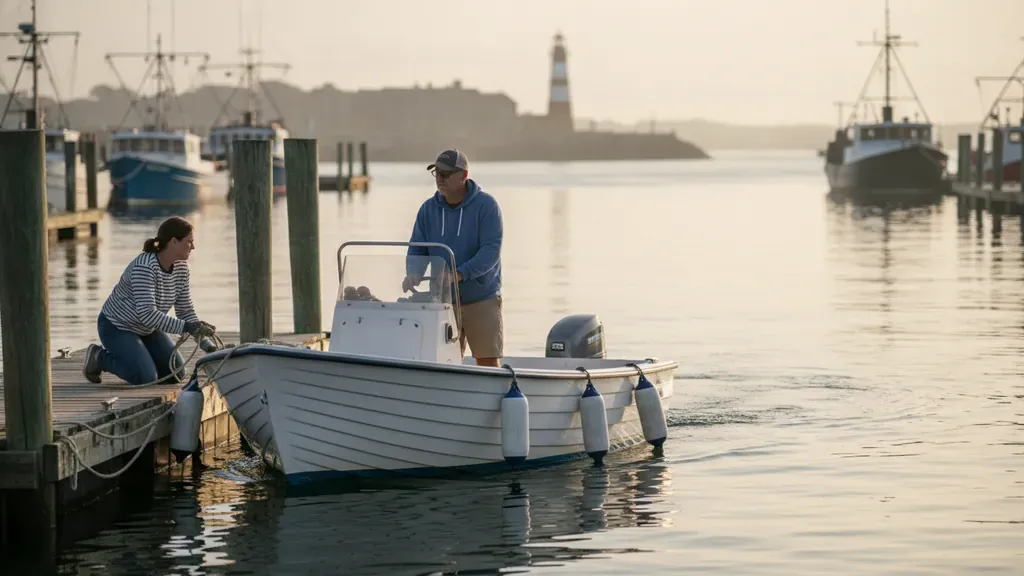 Beginner safely leaving a Gloucester marina while a passenger handles a dock line