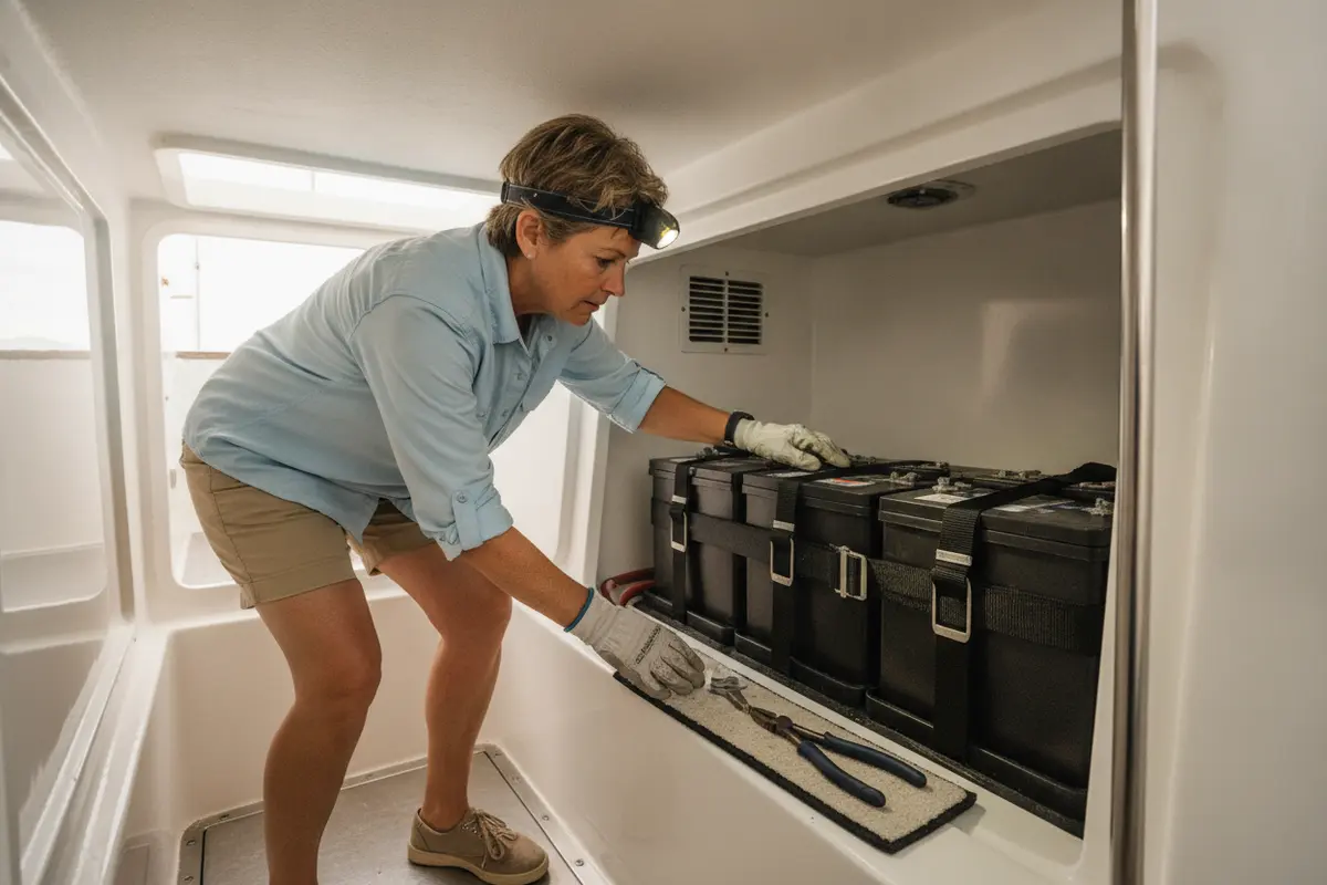 Boater checking battery terminals and the hold-down strap in a boat compartment