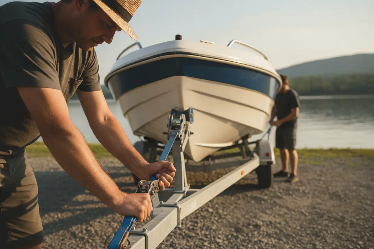 Boater checking the bow and transom restraints on a trailered boat
