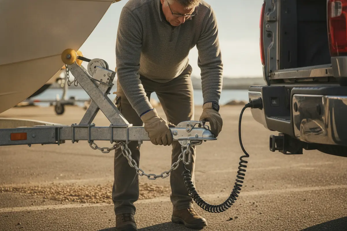 Boater checking the trailer coupler, safety chains, and electrical connection