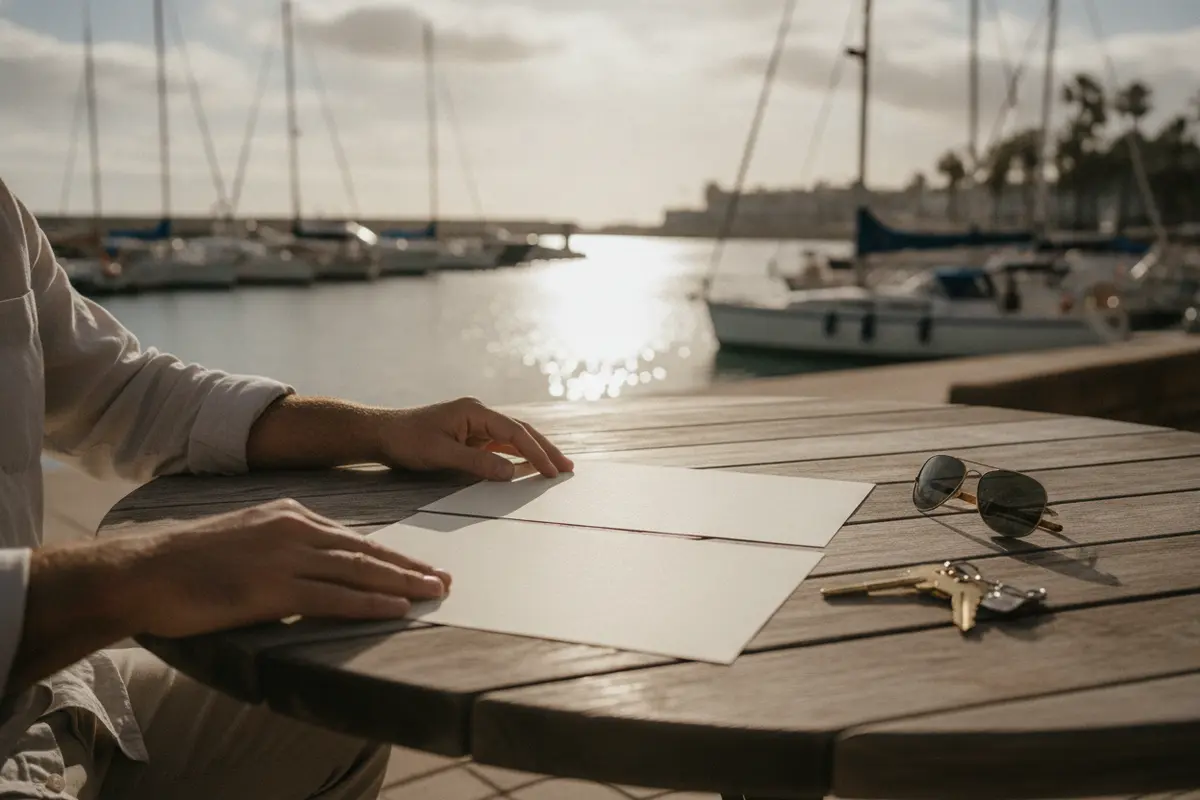 Boater comparing insurance documents at a marina