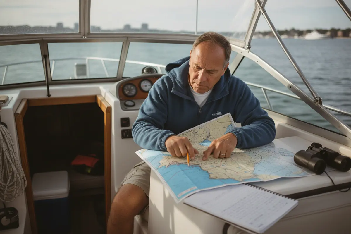 Boater reviewing a chart and route plan at the helm before a Boston Harbor outing