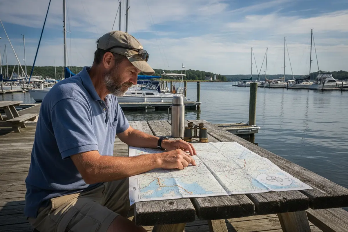 Boater reviewing a chart before a Danvers River outing