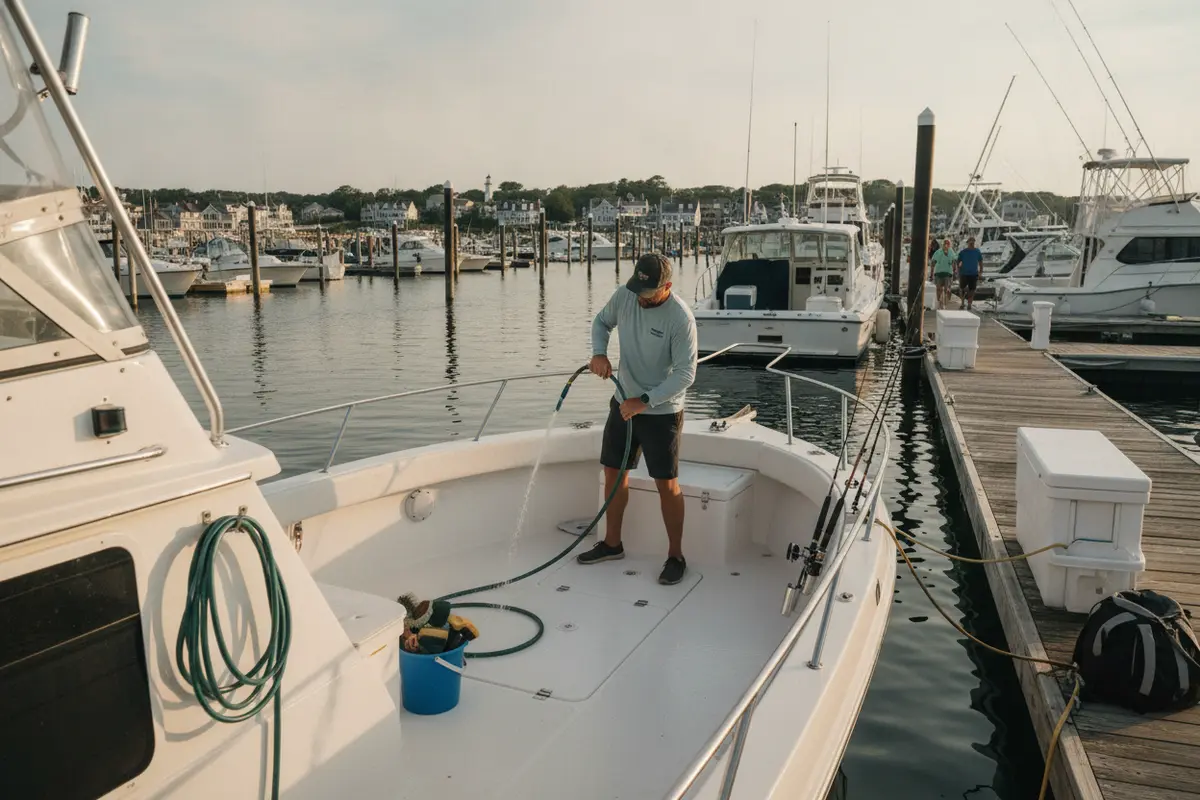 Boater rinsing a recreational boat deck after a day on the water