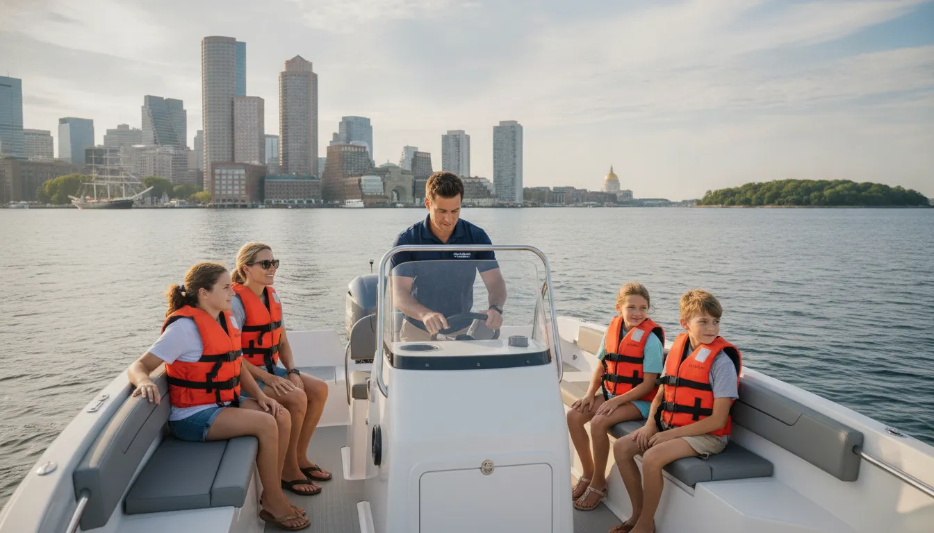 Family learning safe boat handling with an instructor on Boston Harbor