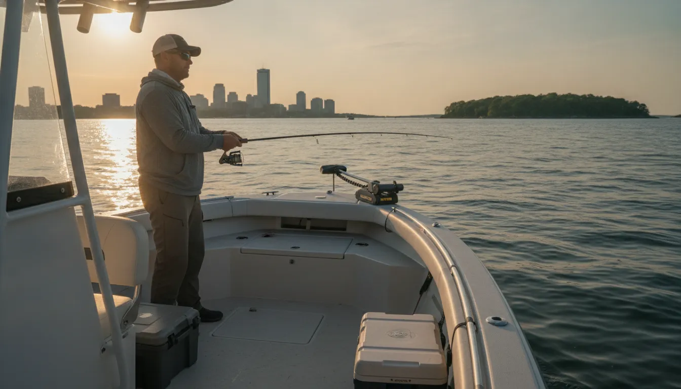 Boater keeping a clear lookout while fishing in Boston Harbor