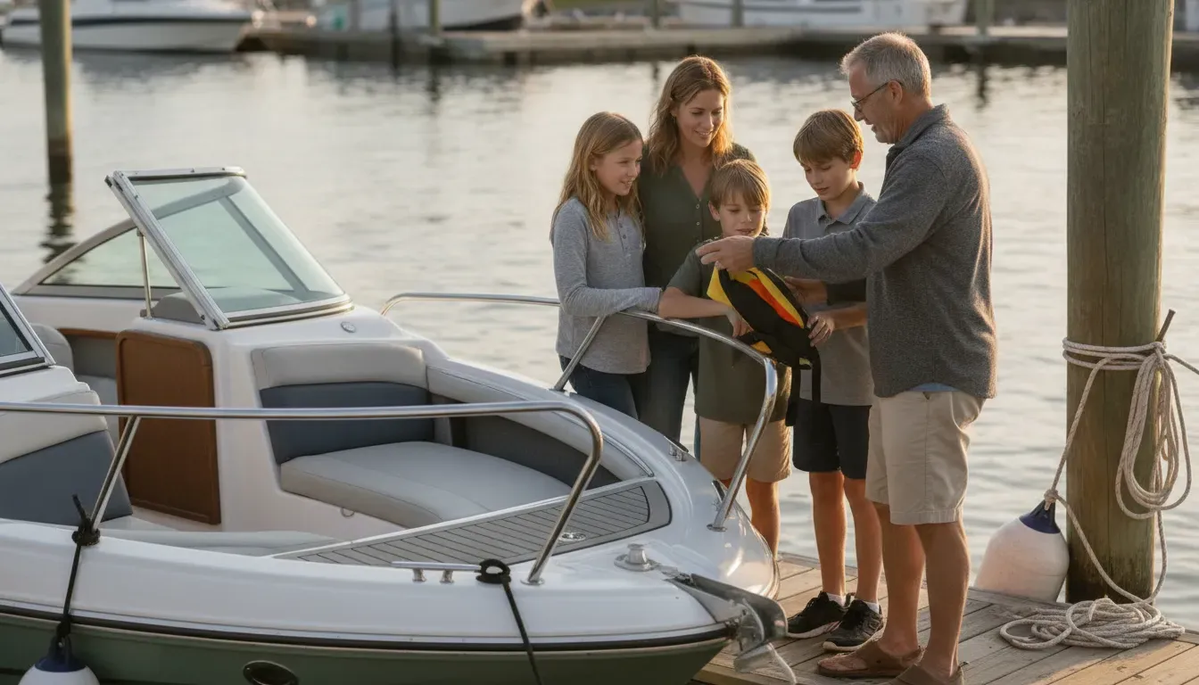 Family reviewing bow seating on a boat at a Massachusetts marina