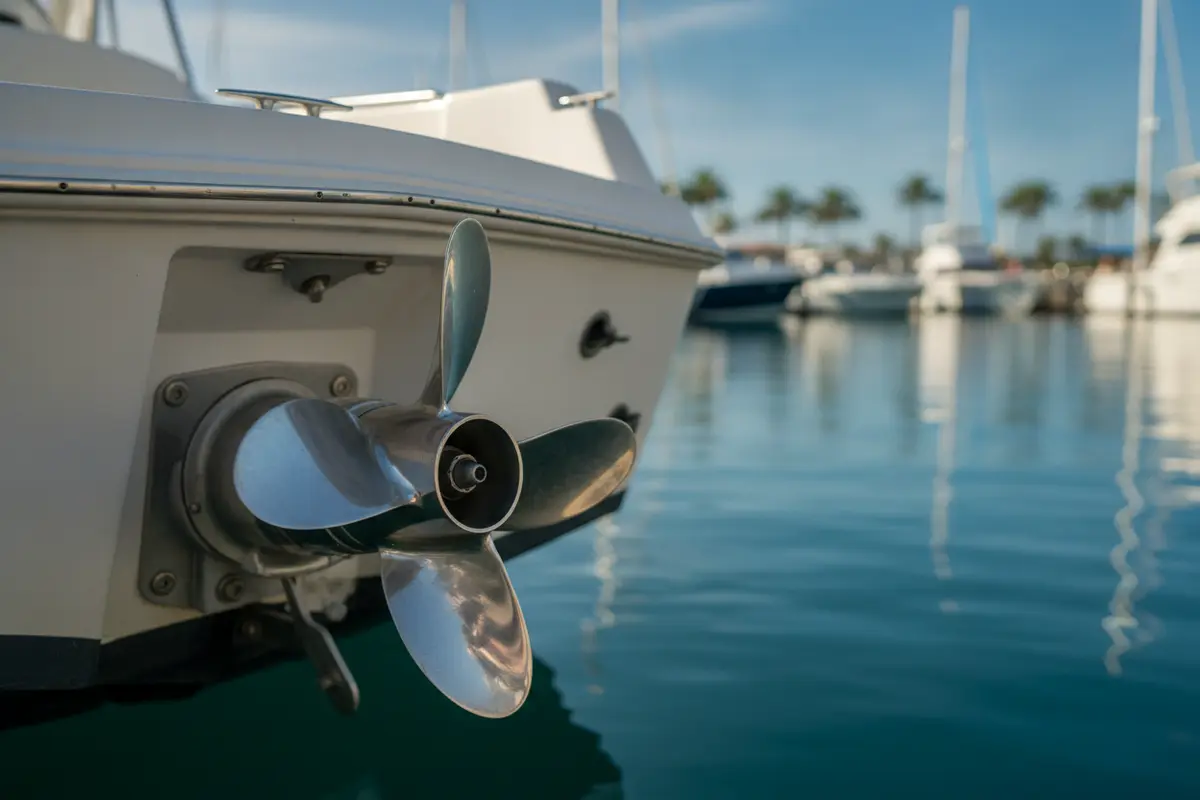 Close-up of a recreational boat propeller showing the blades and hub
