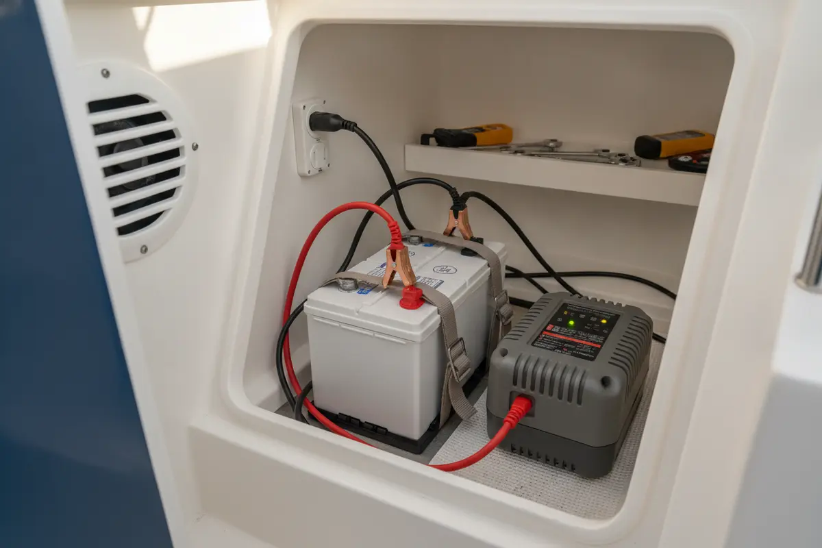 Compatible marine battery charger connected safely in a bright, ventilated boat space