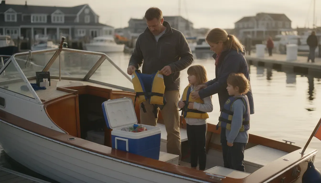 Family preparing for a comfortable boating day at a Cape Ann marina