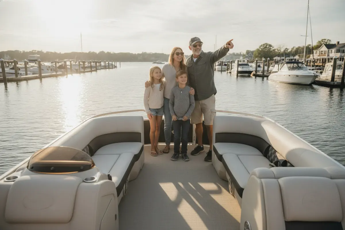 Family checking the seating and open deck of a pontoon boat before a day on the water