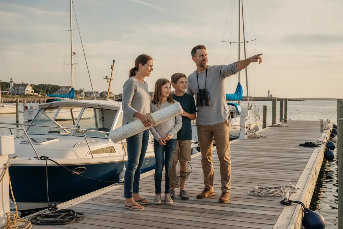 Family discussing a boating plan beside a sunny North Shore marina
