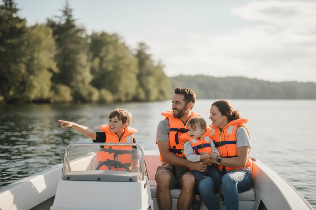 Family enjoying a relaxed boating outing on a North Shore river