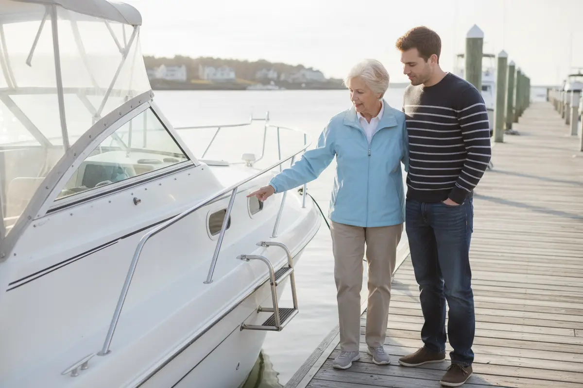 Family members checking the dock and boarding area before an older adult steps onto a boat