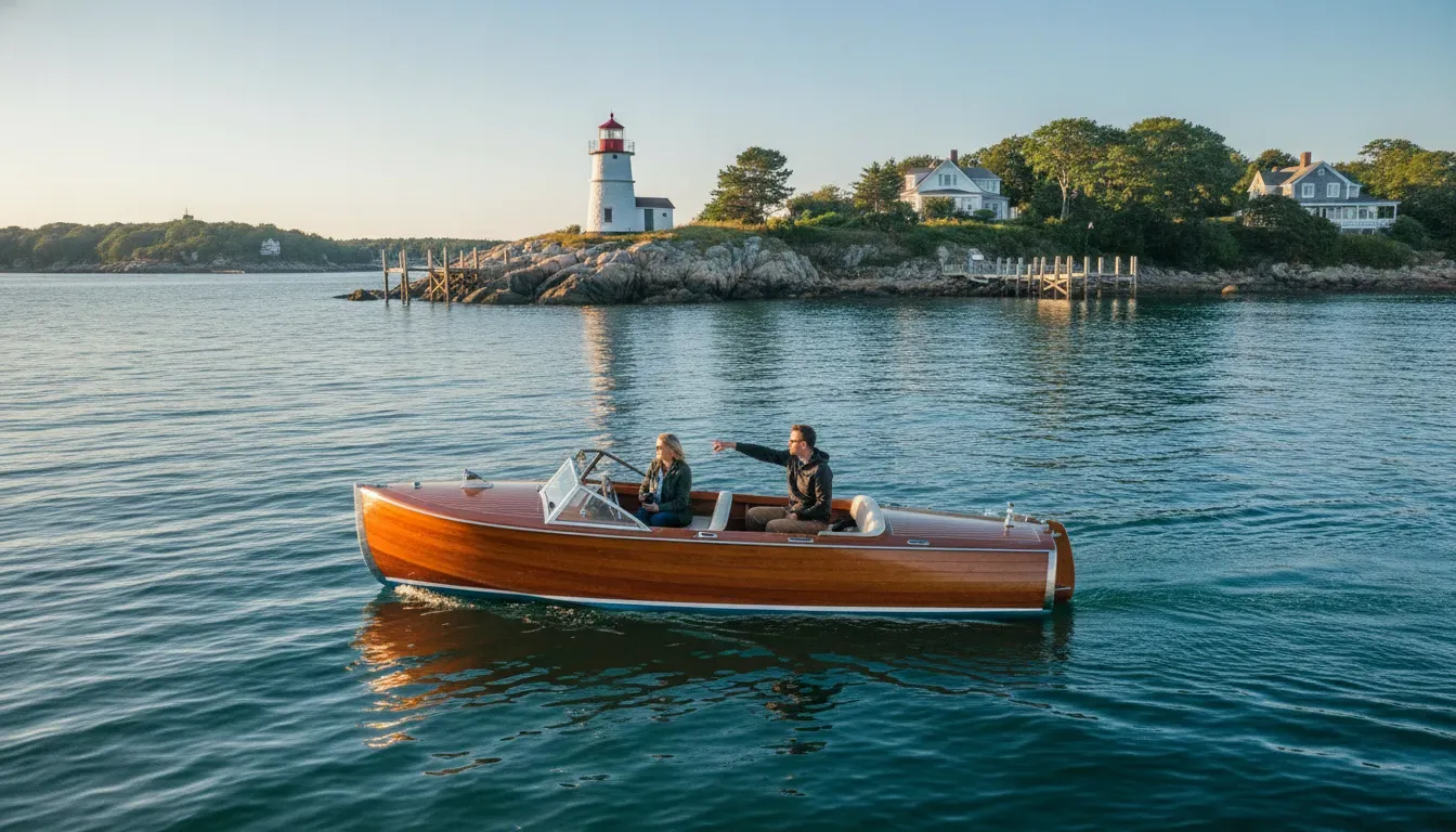 A boat passing Ten Pound Island in Gloucester Harbor, Massachusetts