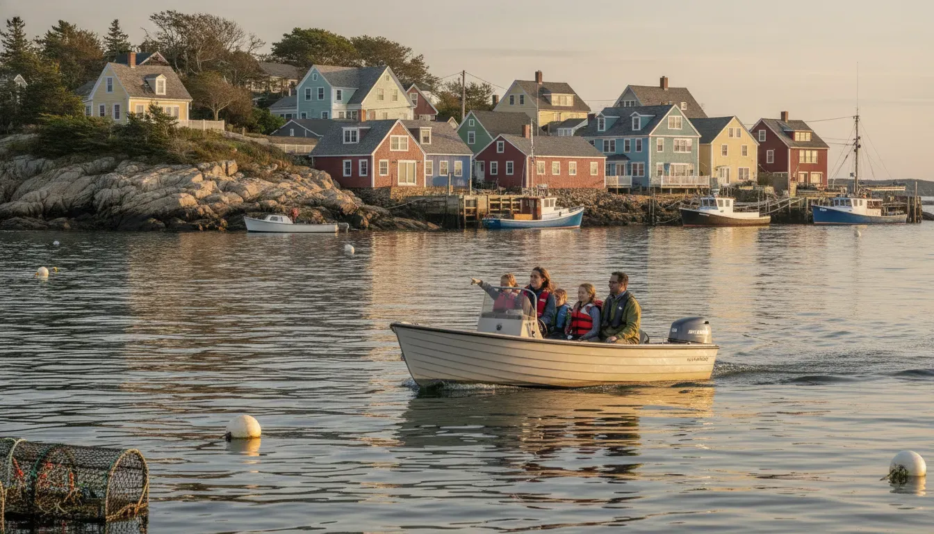 Family boating past the Gloucester waterfront on Cape Ann
