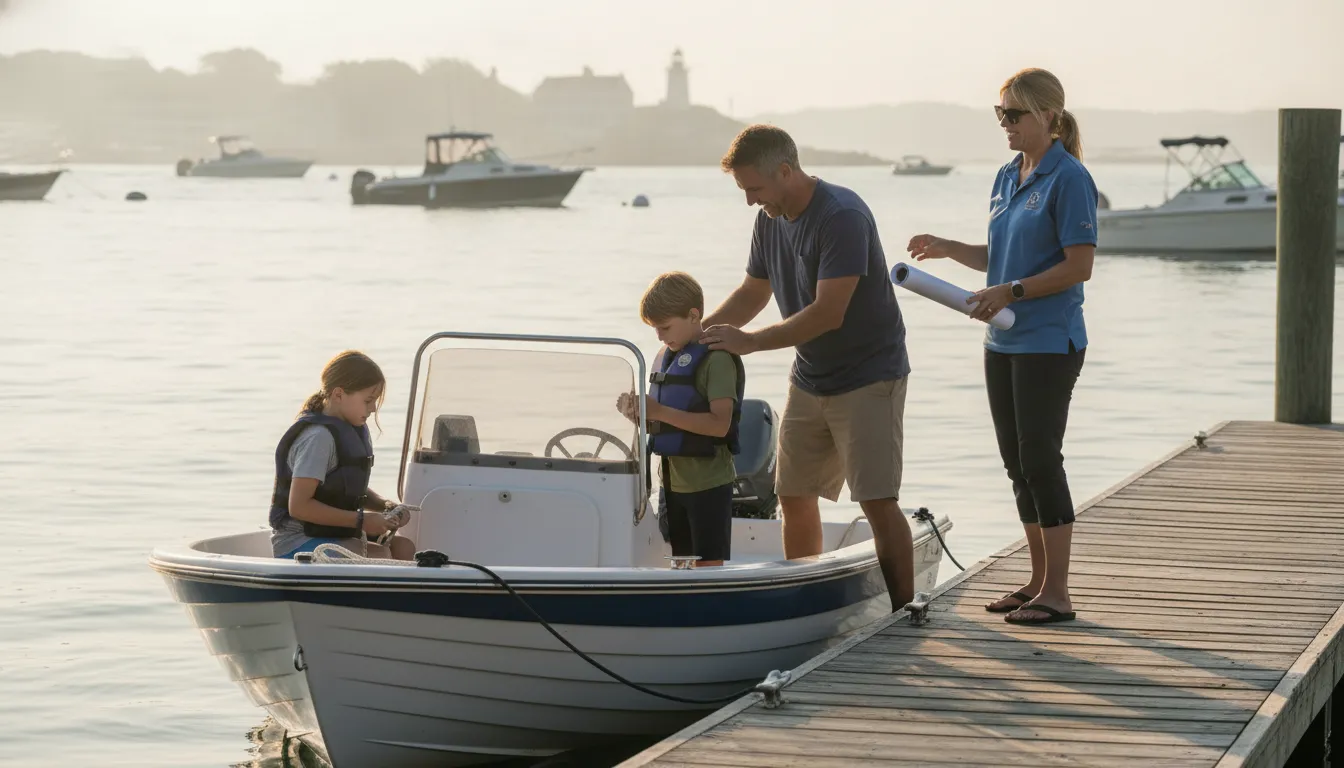 Family preparing an open motorboat for safe practice on Massachusetts waters