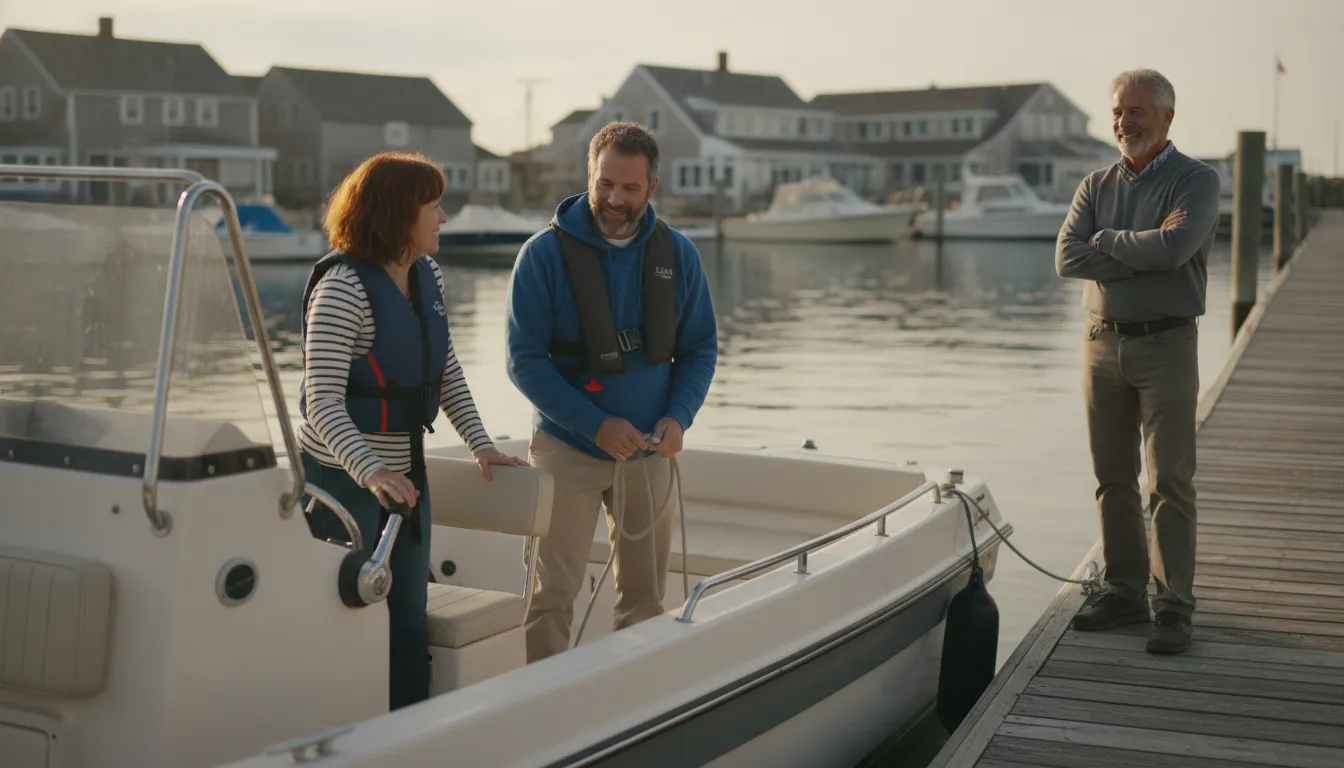 Boaters practicing safe docking at a Massachusetts marina