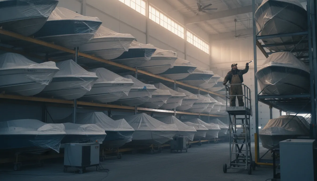 Cross section of an indoor boat storage facility in New England with a wrapped vessel inside