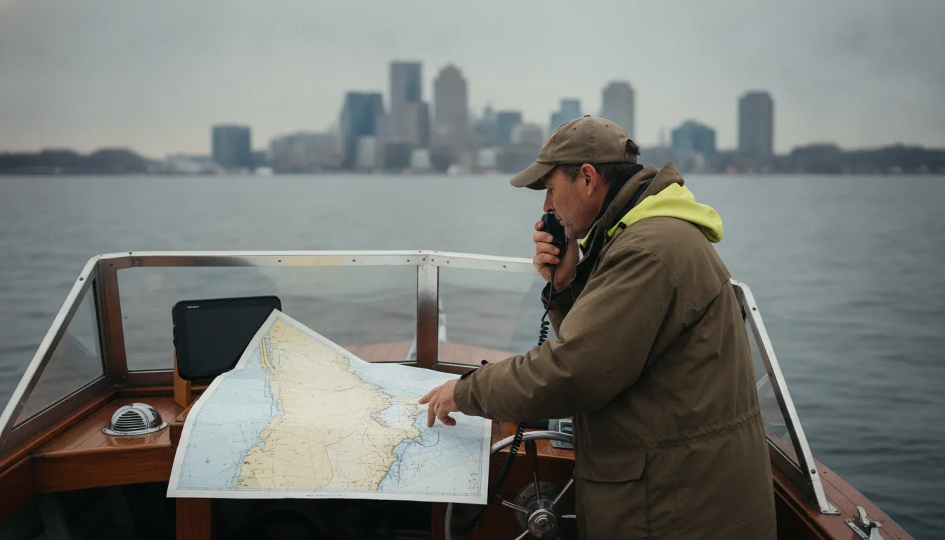 Boater checking a chart and marine radio on Boston Harbor