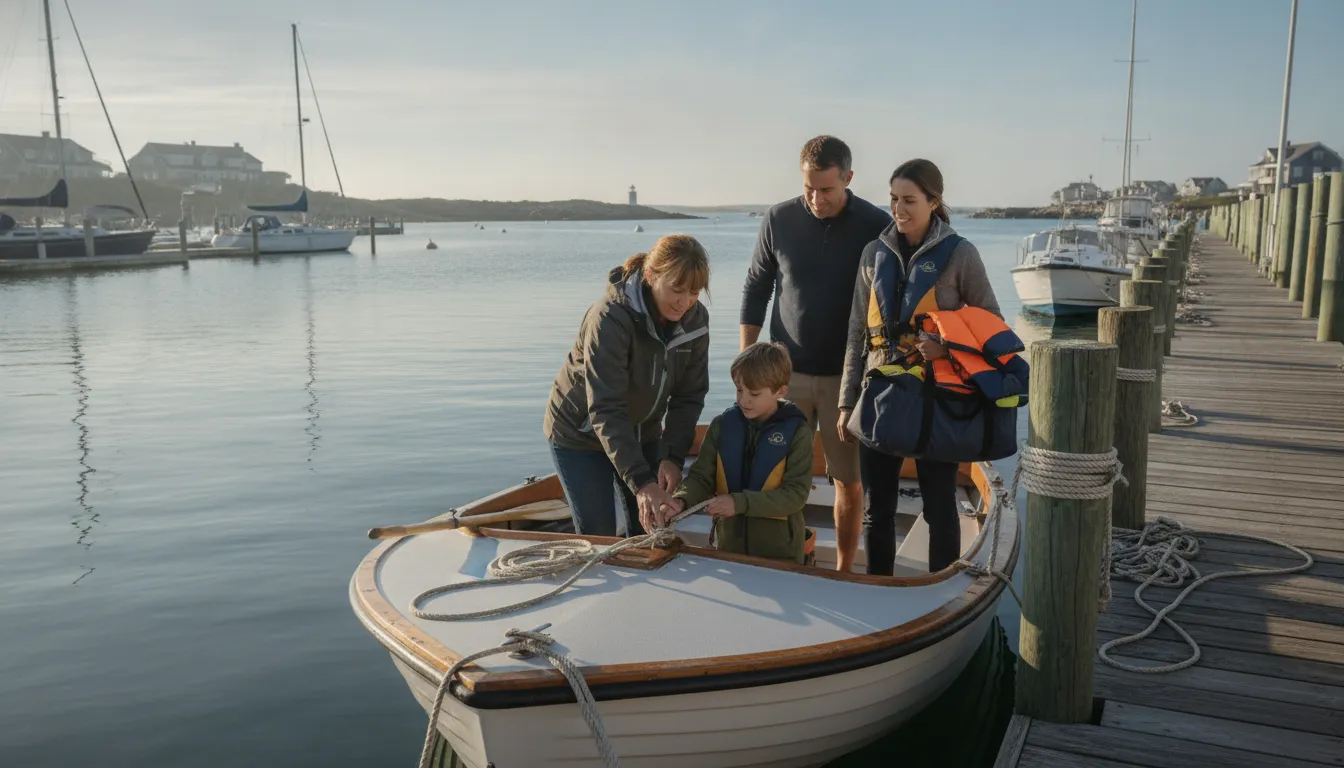 Boating instructor helping a family prepare an open boat at a Massachusetts marina