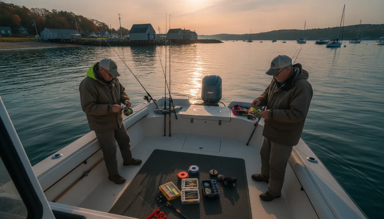 Anglers preparing gear on an open-deck center console boat in a coastal New England cove
