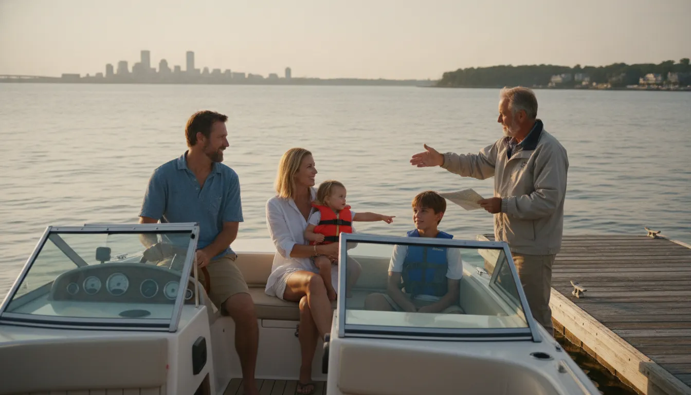 Family leaving a New England marina with local boating guidance