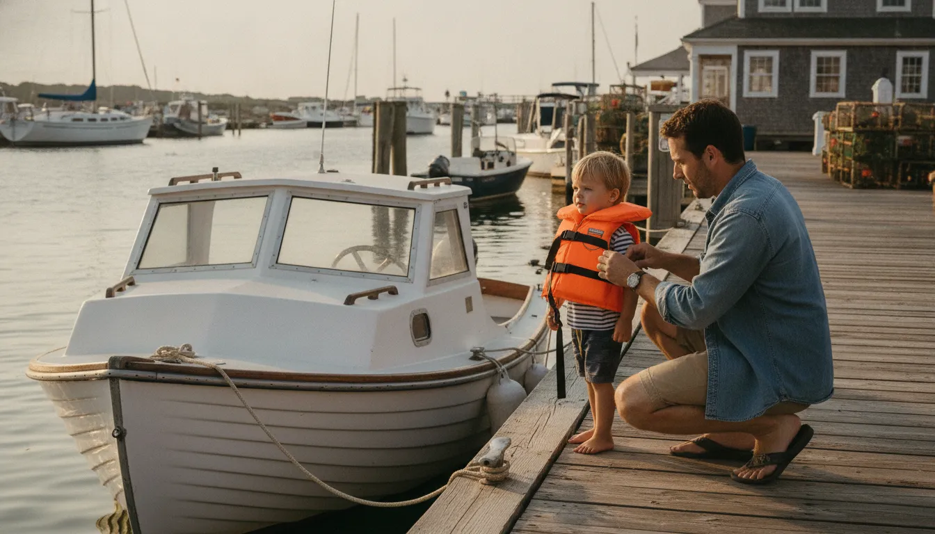 Parent checking a child's life jacket beside a Massachusetts boat