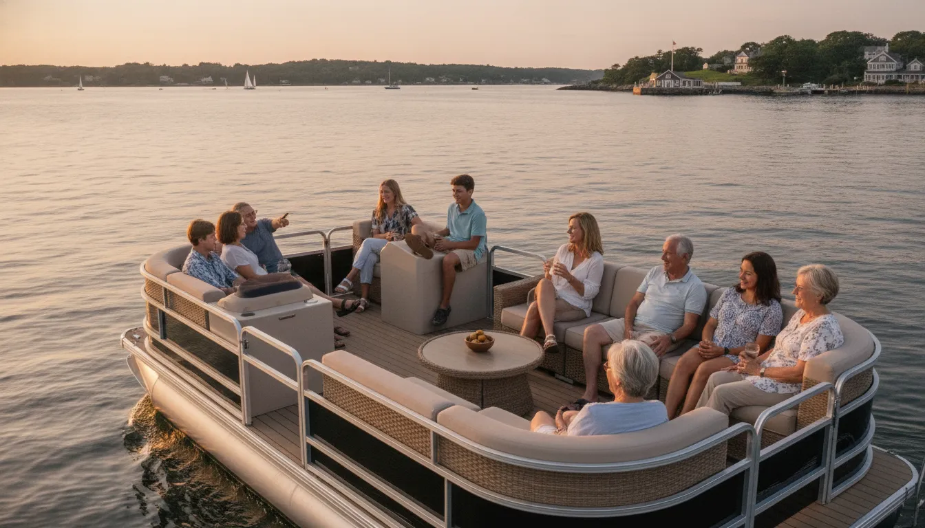 Massachusetts family relaxing on a spacious pontoon boat in a New England harbor