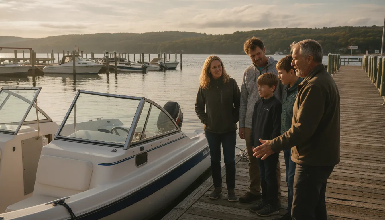 Carefree instructor helping a family prepare for boating in Massachusetts