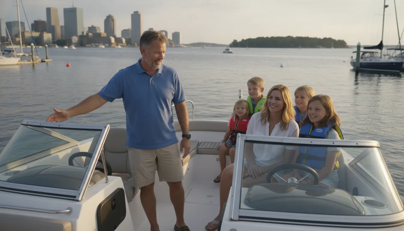 Carefree Boat Club instructor teaching boat handling to a Massachusetts family