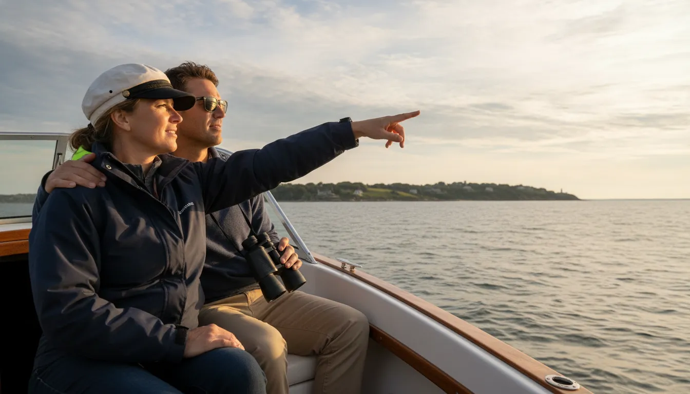 Beginner checking conditions from an open boat in a Massachusetts harbor