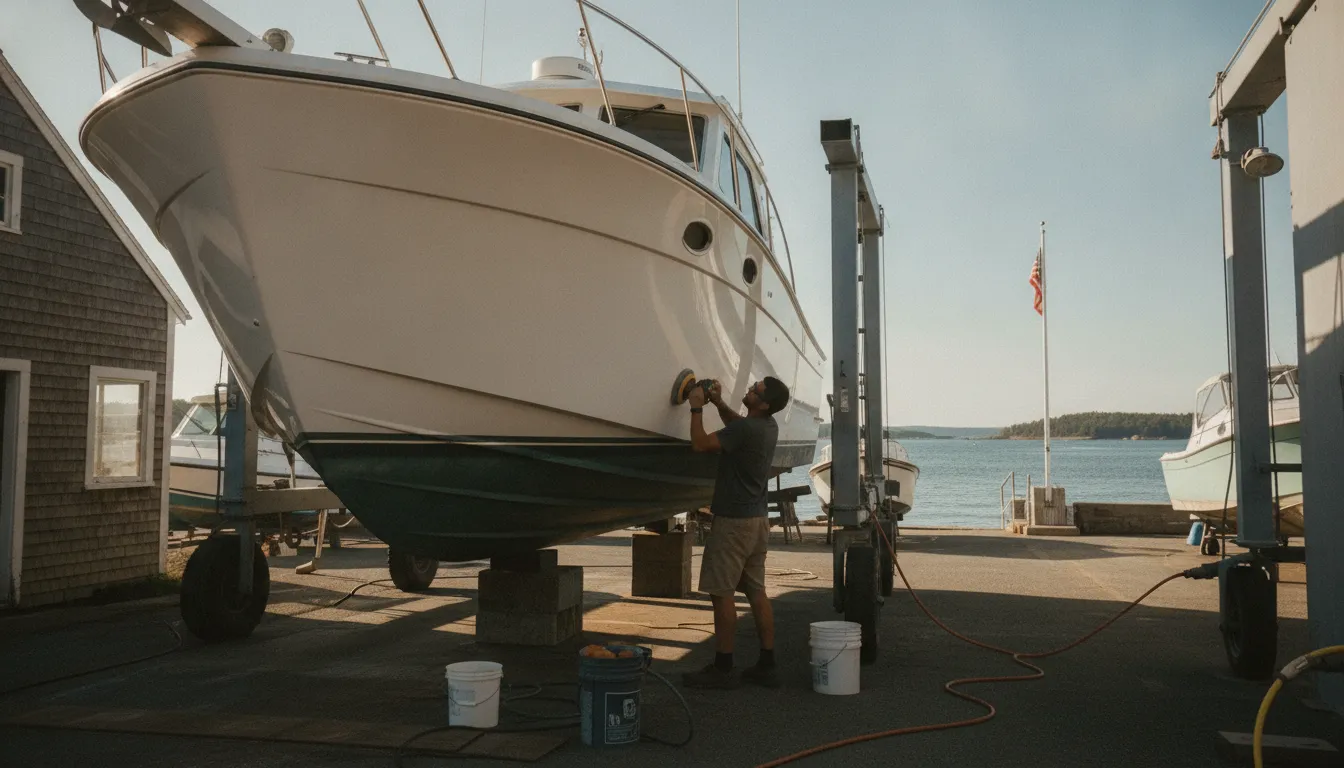 A boat being cleaned and detailed at a New England boat yard