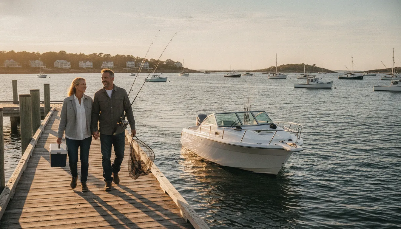 A couple walking down a New England marina pier toward a moored powerboat in golden hour light