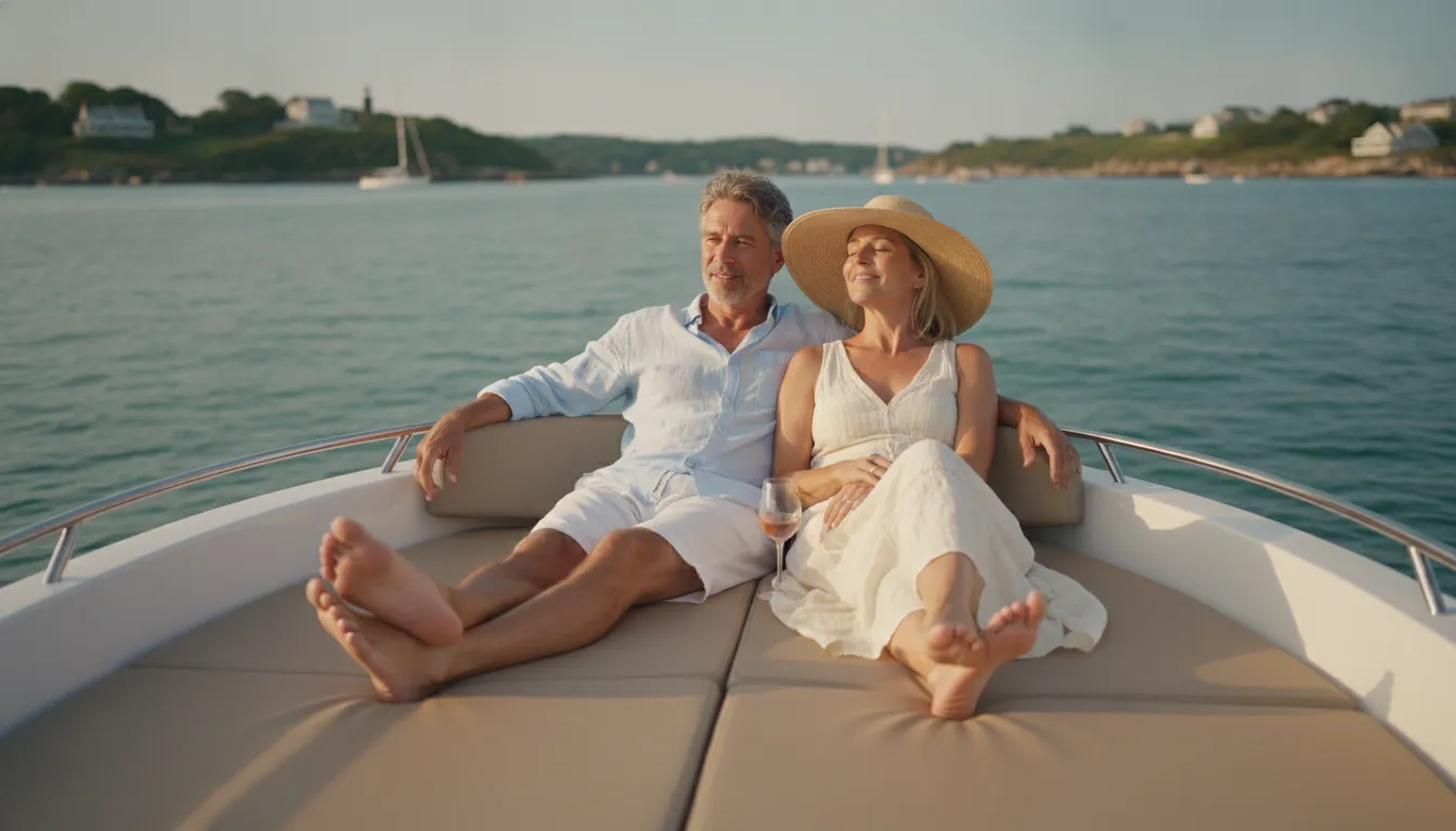 Two people relaxing on the deck of a modern outboard boat on calm harbor water in warm afternoon light