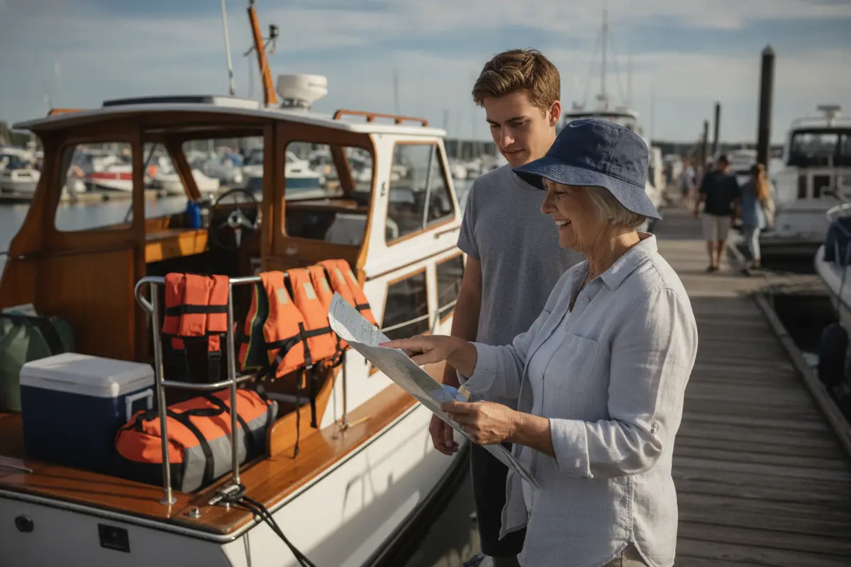 Older adult and family discussing a simple boating safety plan beside a boat